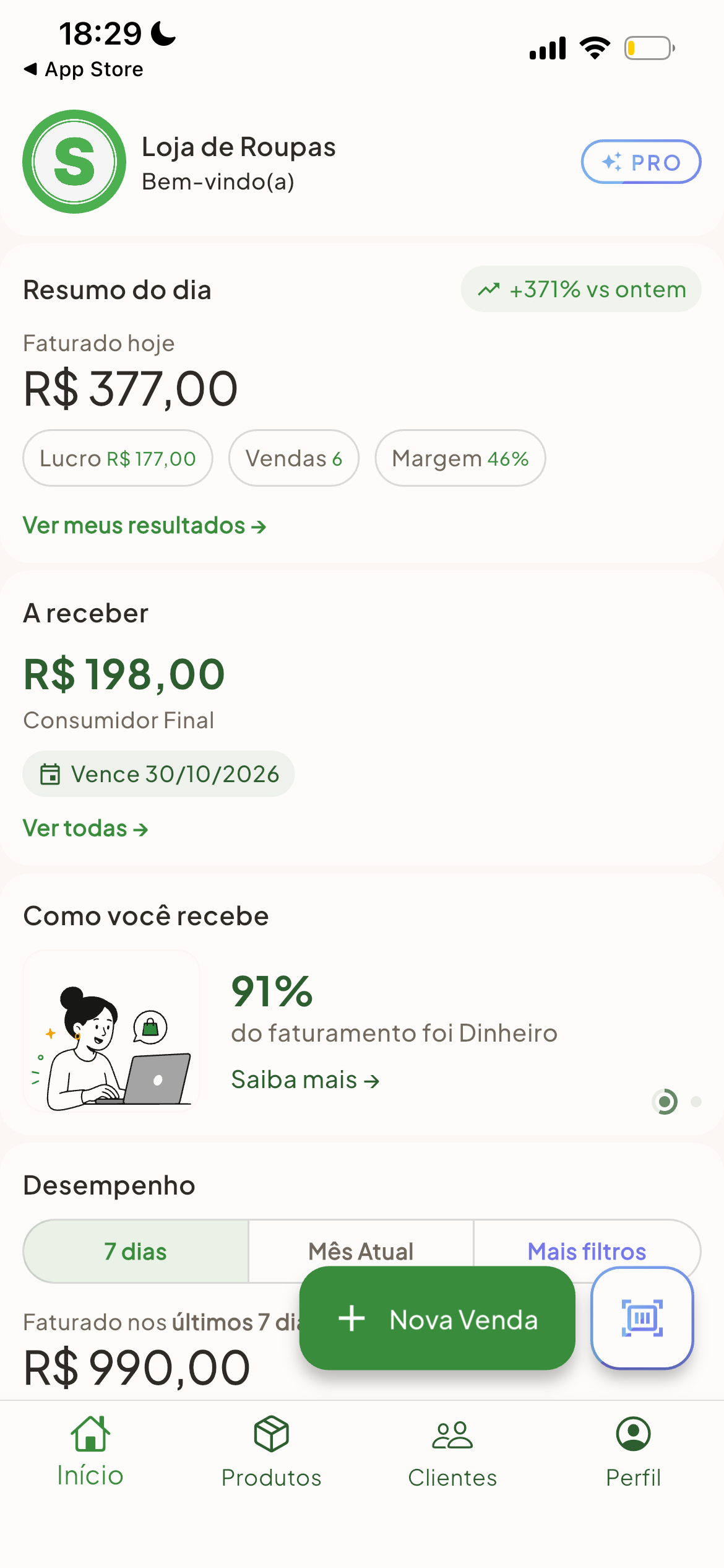 Tela inicial do Lucro Simples com o lucro do dia