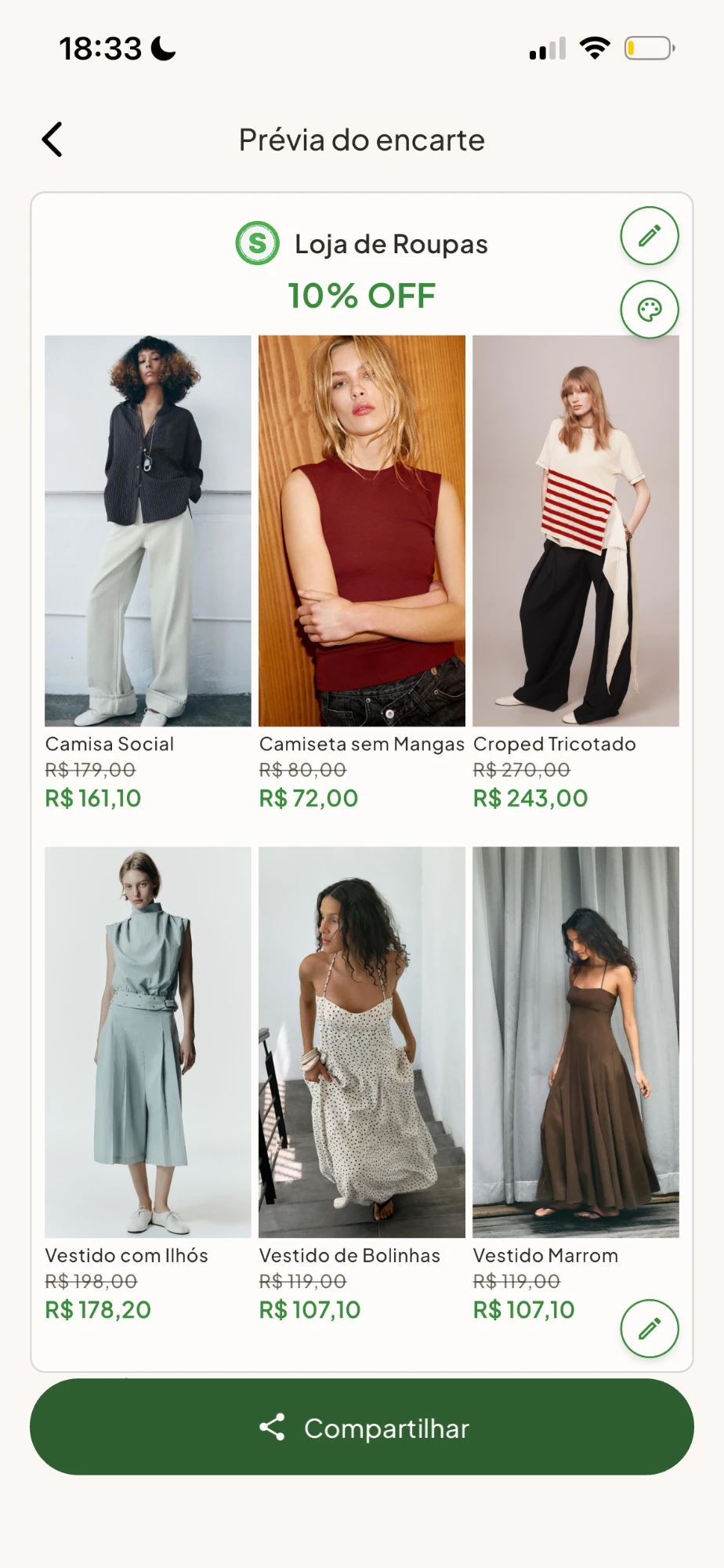 Encarte com seis produtos, cada um com foto, nome, preço antigo riscado e preço da promoção